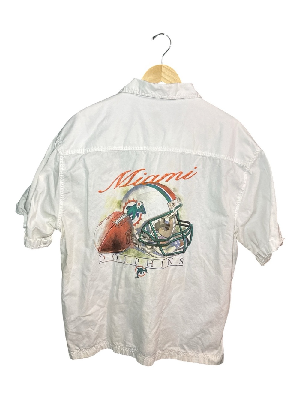 Vintage Miami Dolphins Graphic Hawaiian Button Up Shirt White Graphic Helmet XL